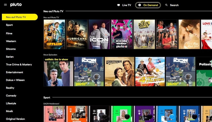 Pluto TV Programm - Sender und On Demand