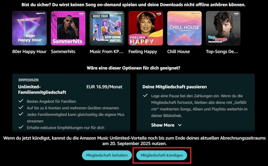 Amazon Music Probeabo kündigen