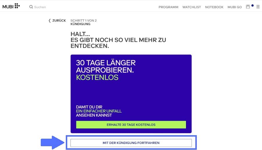 Mubi Rückholangebot bei Kündigung